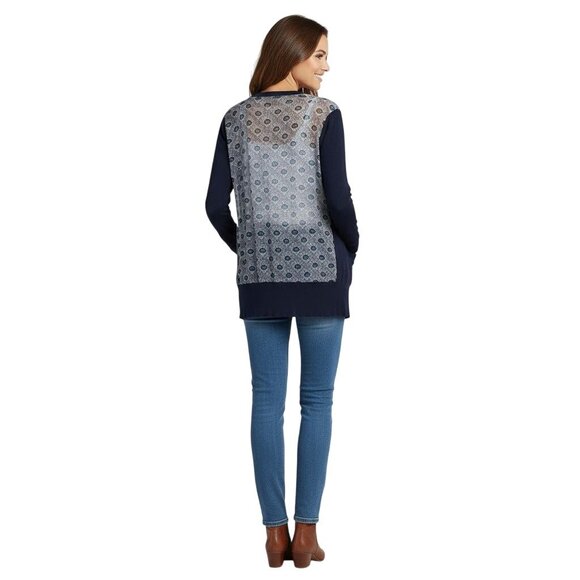 Tory Burch Jacet Peacock Silk Back Logo Button Pocket Cardigan Sweater Size L - Picture 4 of 10